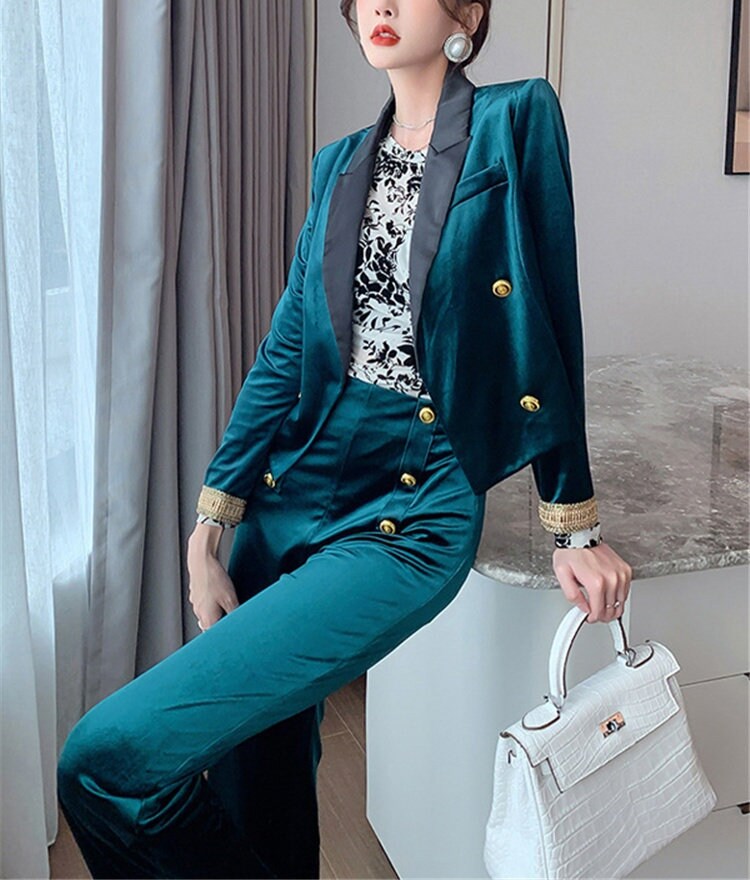 Green Velvet Double Breasted Pantsuit, Designer Woman Suit Jacket/ Blazer + Pants Classic Elegant Smart Casual Formal Event Party Gift