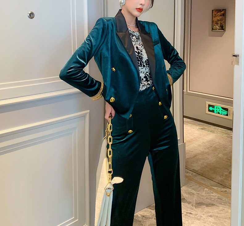 Green Velvet Double Breasted Pantsuit, Designer Woman Suit Jacket/ Blazer + Pants Classic Elegant Smart Casual Formal Event Party Gift