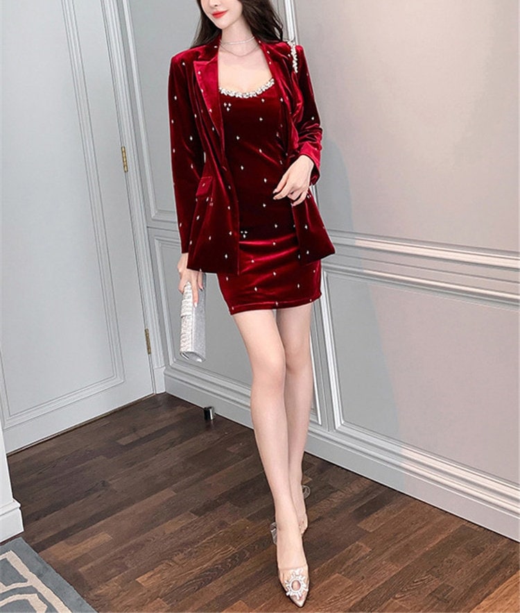 Elegant Red Velvet Dress Suit, Designer Woman Cami Dress + Suit Jacket/ Blazer with Beads decorated Formal Smart Casual Event Party Gift