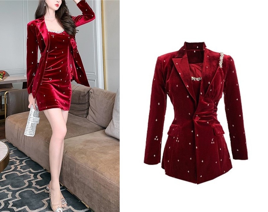 Elegant Red Velvet Dress Suit, Designer Woman Cami Dress + Suit Jacket/ Blazer with Beads decorated Formal Smart Casual Event Party Gift