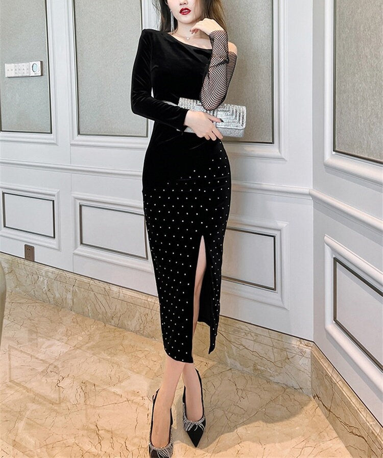 Black One Shoulder Ruched Midi Dress, Designer Woman Spilt Skirt Lace Flashy Dress Smart Casual Formal Event Party Wedding Gift for her