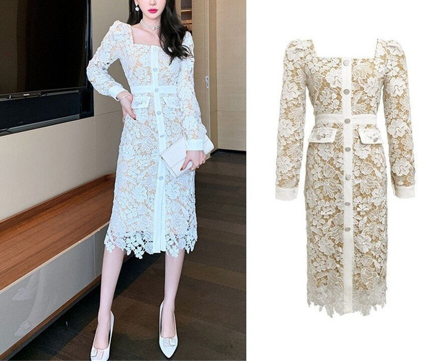 White Lace Pattern One Piece, Designer Woman Blouse Dress Smart Casual Formal Event Party Wedding Gift