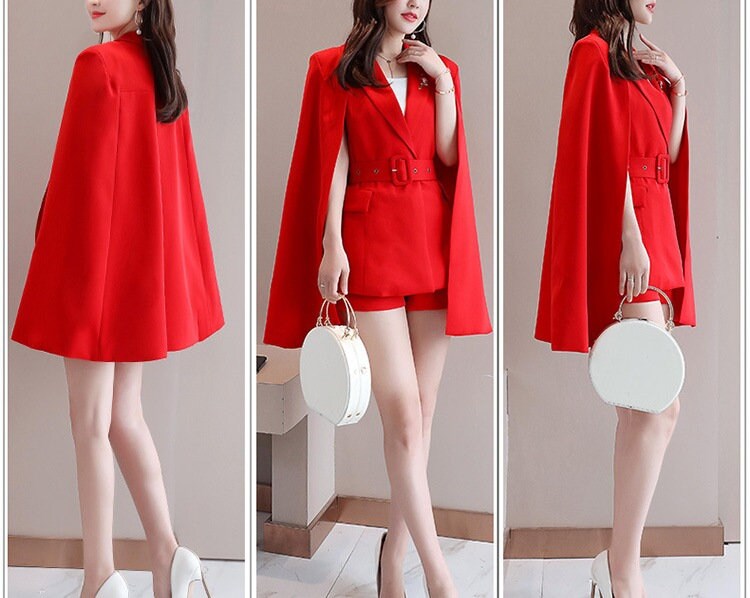 Red/ Black/ White Cape Blazer Pantsuit + Shorts, Designer Woman blazer + short pants Celebrities Formal Event Wedding Party Gift for her