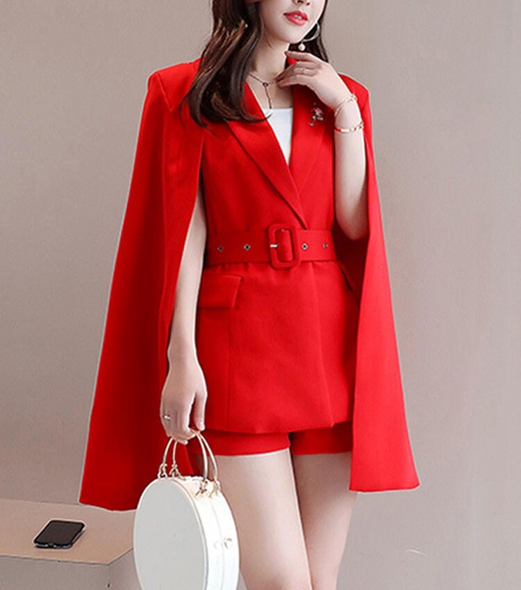 Red/ Black/ White Cape Blazer Pantsuit + Shorts, Designer Woman blazer + short pants Celebrities Formal Event Wedding Party Gift for her