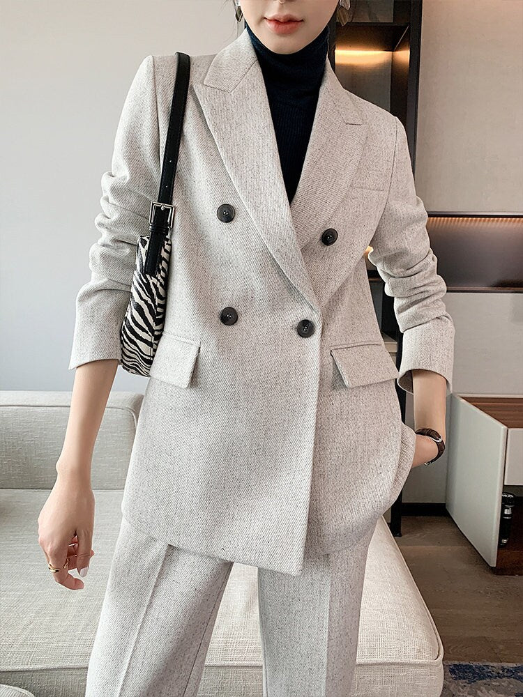 Minimalist Woman Light Gray Pantsuit, Designer Korean Style Montone Suit Jacket + Pants for Smart Casual/ Formal/ Gift for her