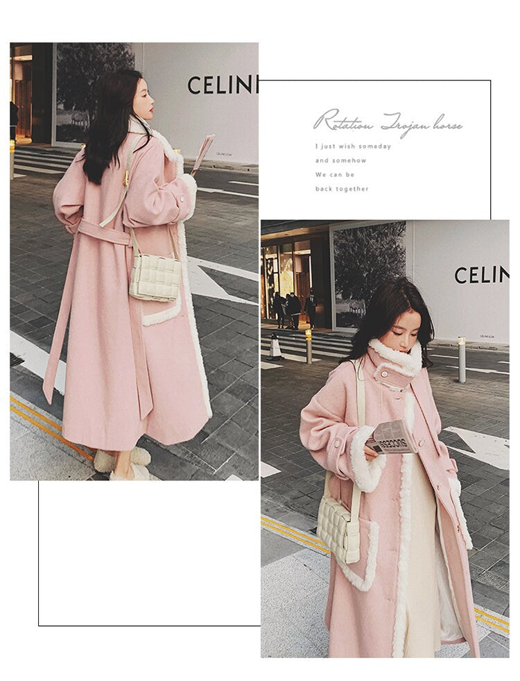 Pink Patchwork Wool Trench Coat, Designer Woman Raincoat Windbreaker Collage Art for Smart Casual/ Formal/ Event Party/ Gift