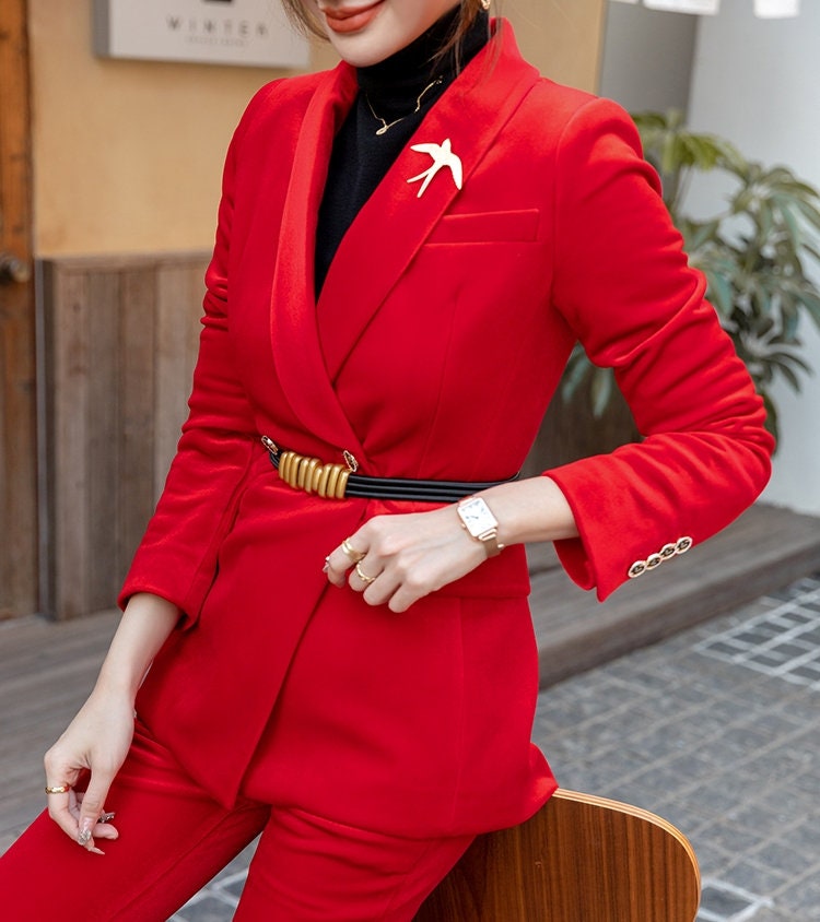 Red Velvet Pantsuit, Designer Woman Suit Jacket + Pants Slim Cut Deluxe for Smart Casual/ Formal/ Party Event/ Gift