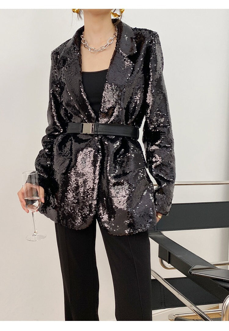 Black Sequin Shiny Blazer, Designer Woman Suit Jacket for Casual/ Formal/ Party Event/ Gift for her