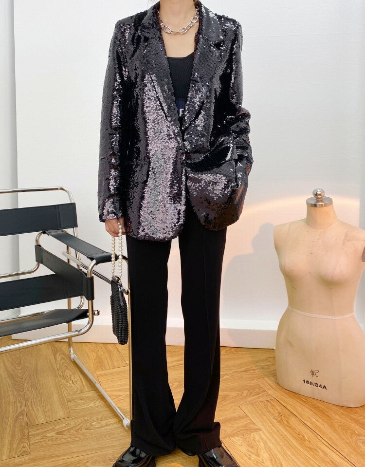 Black Sequin Shiny Blazer, Designer Woman Suit Jacket for Casual/ Formal/ Party Event/ Gift for her