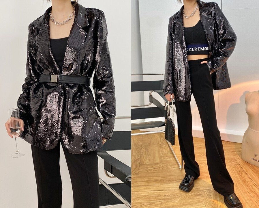 Black Sequin Shiny Blazer, Designer Woman Suit Jacket for Casual/ Formal/ Party Event/ Gift for her