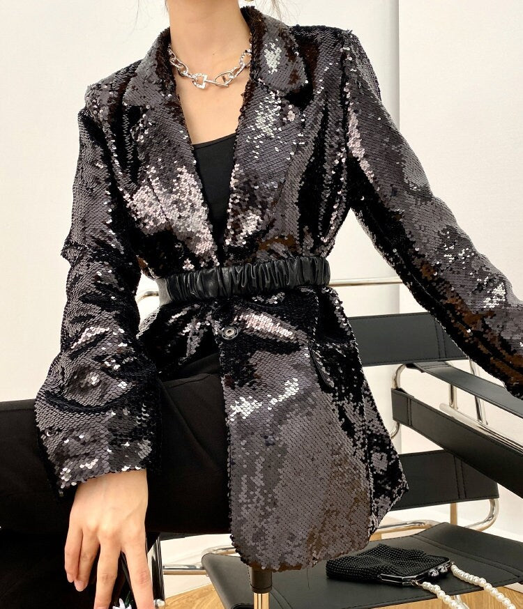 Black Sequin Shiny Blazer, Designer Woman Suit Jacket for Casual/ Formal/ Party Event/ Gift for her