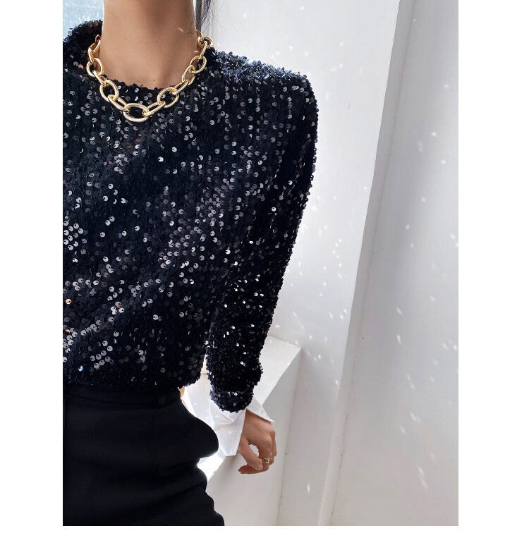 Woman Sequin Black Shiny Blouse, Designer Shirt Two Layer White Cuff Party Event Clothes Smart Casual Gift for her