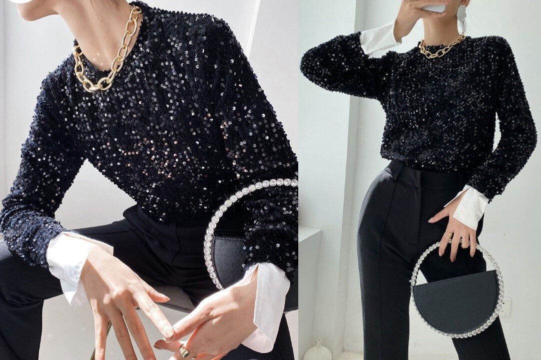 Woman Sequin Black Shiny Blouse, Designer Shirt Two Layer White Cuff Party Event Clothes Smart Casual Gift for her