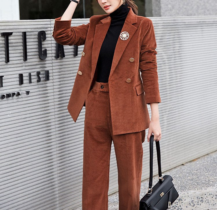 Deluxe Brown Velvet Pantsuit, Designer Woman Suit Jacket + Pants Slim Cut Deluxe for Smart Casual/ Formal/ Party Event/ Gift