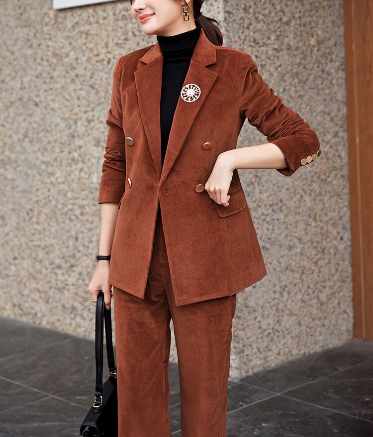 Deluxe Brown Velvet Pantsuit, Designer Woman Suit Jacket + Pants Slim Cut Deluxe for Smart Casual/ Formal/ Party Event/ Gift