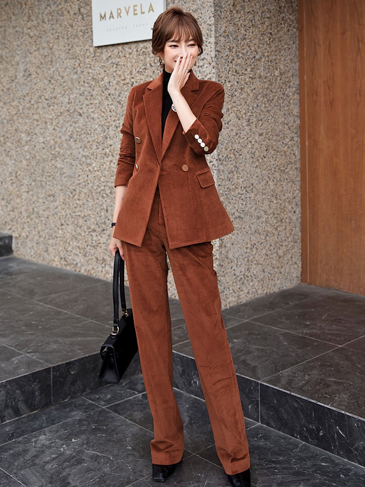 Deluxe Brown Velvet Pantsuit, Designer Woman Suit Jacket + Pants Slim Cut Deluxe for Smart Casual/ Formal/ Party Event/ Gift