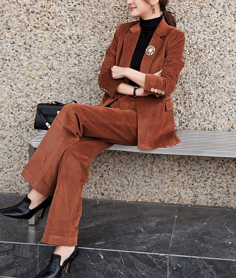 Deluxe Brown Velvet Pantsuit, Designer Woman Suit Jacket + Pants Slim Cut Deluxe for Smart Casual/ Formal/ Party Event/ Gift