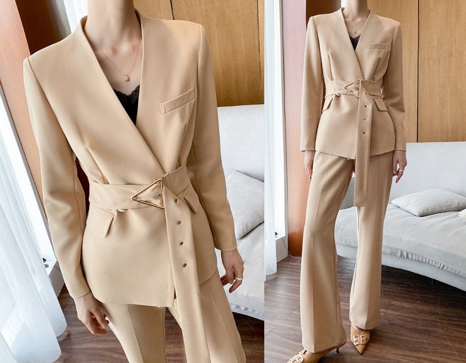 Blanchedalmond Minimalist Woman Pantsuit, Designer Korean Style Montone Suit Jacket + Pants for Smart Casual/ Formal/ Gift for her