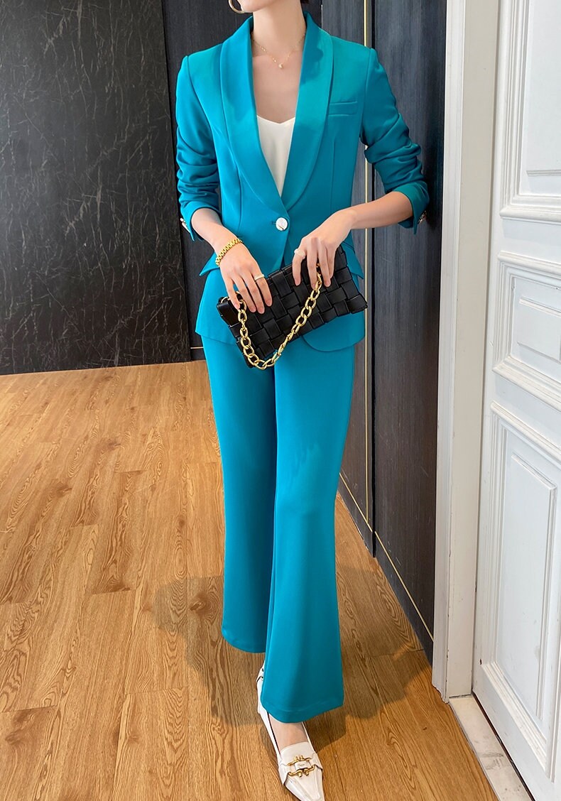 Blue Green Modern Pantsuit, Designer Woman Korean Style Soft Monotone Suit Jacket + Pants for Smart Causl/ Formal/ Gift for Her