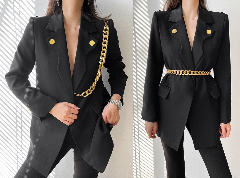 Black Changable Chain Blazer, Woman Designer Suit Jacket Minimalist Stylish Modern look for Smart Casual/ Formal/ Event Party/ Gift for her