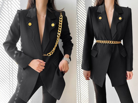 Black Changable Chain Blazer, Woman Designer Suit Jacket Minimalist Stylish Modern look for Smart Casual/ Formal/ Event Party/ Gift for her