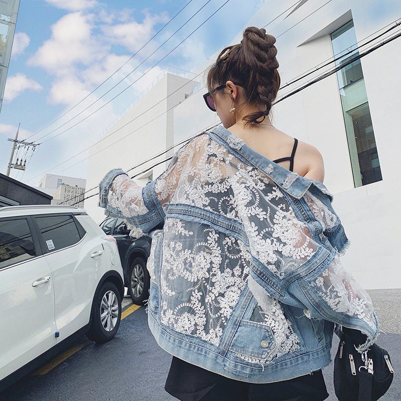 Denim Jacket with Lace Die Cut Pattern, Designer Woman Blue Jeans Street Coat Floral Embroidery Lace Pattern Event Party Outdoors Her Gift