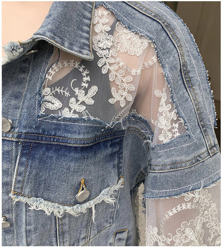 Denim Jacket with Lace Die Cut Pattern, Designer Woman Blue Jeans Street Coat Floral Embroidery Lace Pattern Event Party Outdoors Her Gift