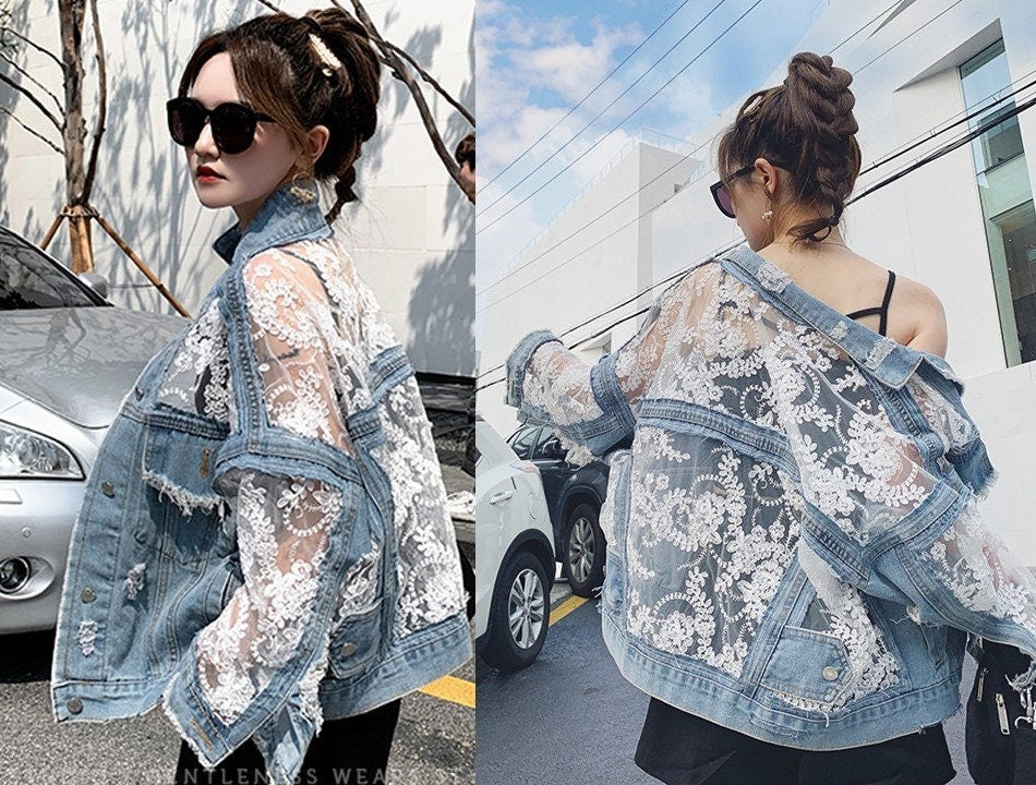 Denim Jacket with Lace Die Cut Pattern, Designer Woman Blue Jeans Street Coat Floral Embroidery Lace Pattern Event Party Outdoors Her Gift