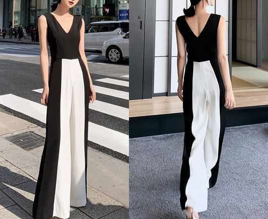 Black & White Jumpsuit, Designer Woman Minimalist Elegant Simple Style Smart Casual Formal Event Party Gift for her