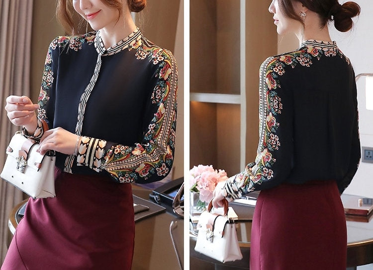 Vintage Floral Pattern Blouse, Designer Woman Sleeve Collar Shirt Classic Elegant for Smart Casual/ Formal/ Event Party/ Gift for her