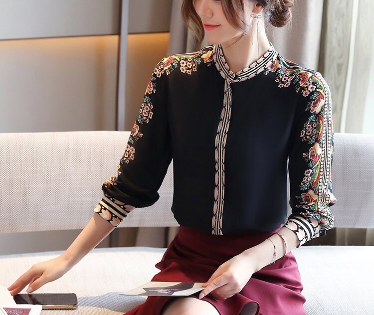 Vintage Floral Pattern Blouse, Designer Woman Sleeve Collar Shirt Classic Elegant for Smart Casual/ Formal/ Event Party/ Gift for her