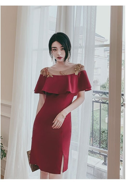 Red Evening Dress with Golden Embroidery Leaves, Woman Designer Prom Dress Elegant Classic Look Wedding Party Event Birthday Party Gift