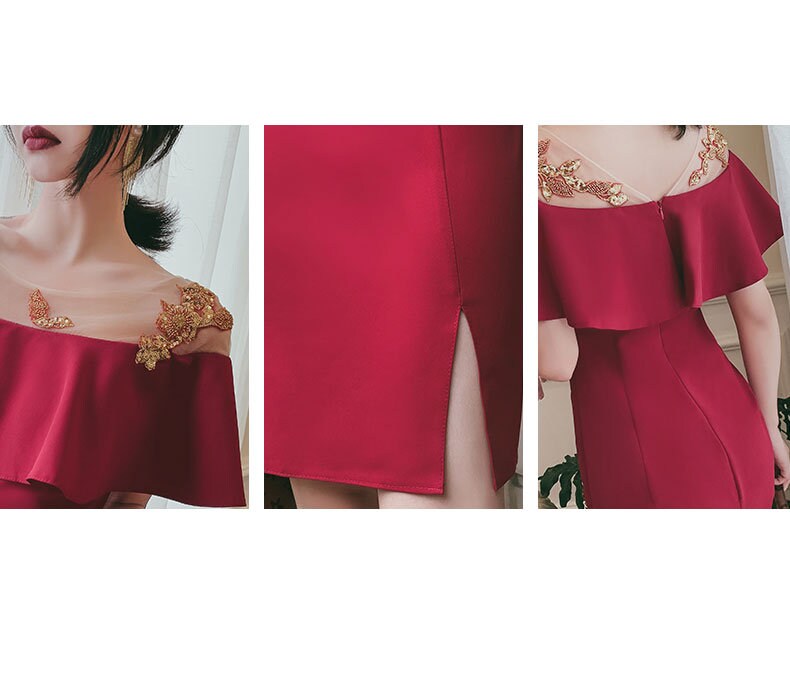 Red Evening Dress with Golden Embroidery Leaves, Woman Designer Prom Dress Elegant Classic Look Wedding Party Event Birthday Party Gift