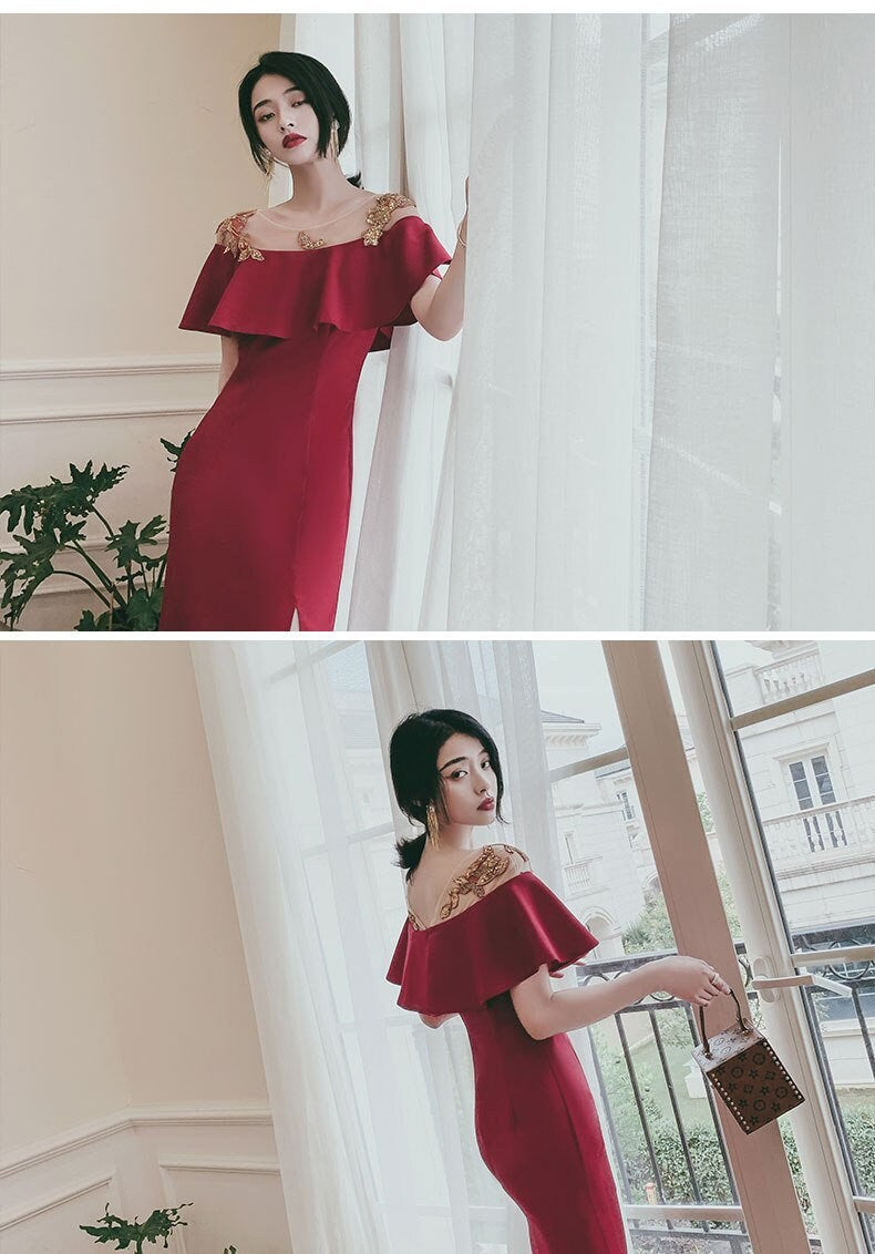 Red Evening Dress with Golden Embroidery Leaves, Woman Designer Prom Dress Elegant Classic Look Wedding Party Event Birthday Party Gift