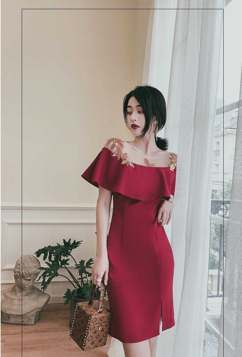 Red Evening Dress with Golden Embroidery Leaves, Woman Designer Prom Dress Elegant Classic Look Wedding Party Event Birthday Party Gift