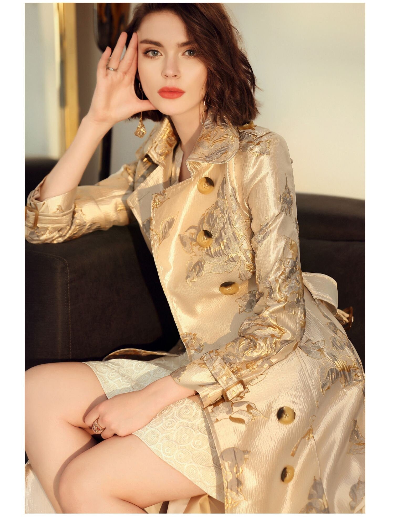 Gold Embroidery Trench Coat Designer Woman Long Raincoat Elegant Grand Look Event Party Formal Birthday Wedding Gift