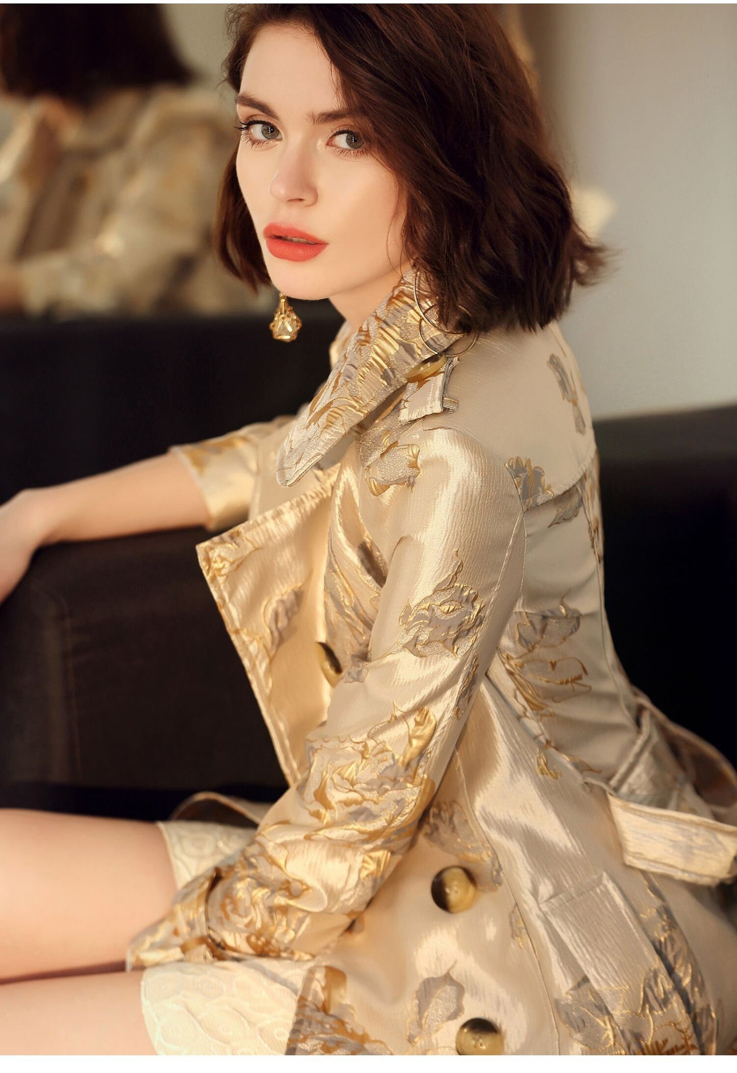 Gold Embroidery Trench Coat Designer Woman Long Raincoat Elegant Grand Look Event Party Formal Birthday Wedding Gift