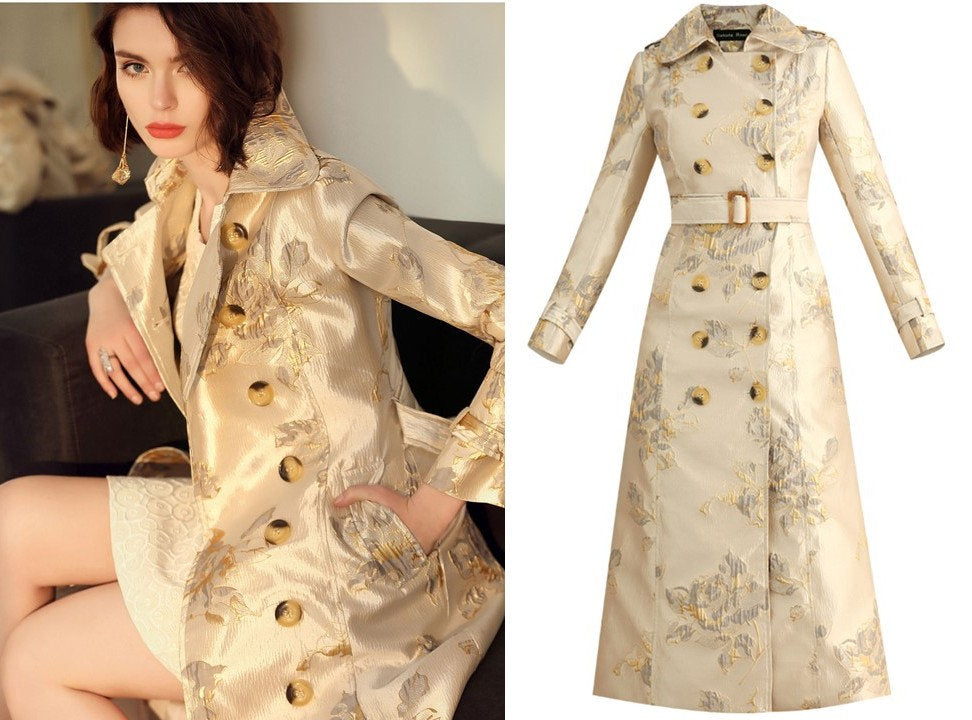 Gold Embroidery Trench Coat Designer Woman Long Raincoat Elegant Grand Look Event Party Formal Birthday Wedding Gift