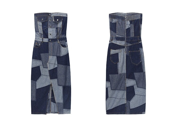 Patchwork Denim Long Dress, Designer Woman Street Casual One Piece Blue Jeans Collage Art Event Party Gift for her