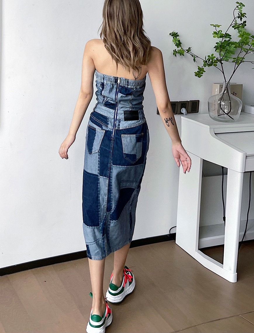 Patchwork Denim Long Dress, Designer Woman Street Casual One Piece Blue Jeans Collage Art Event Party Gift for her