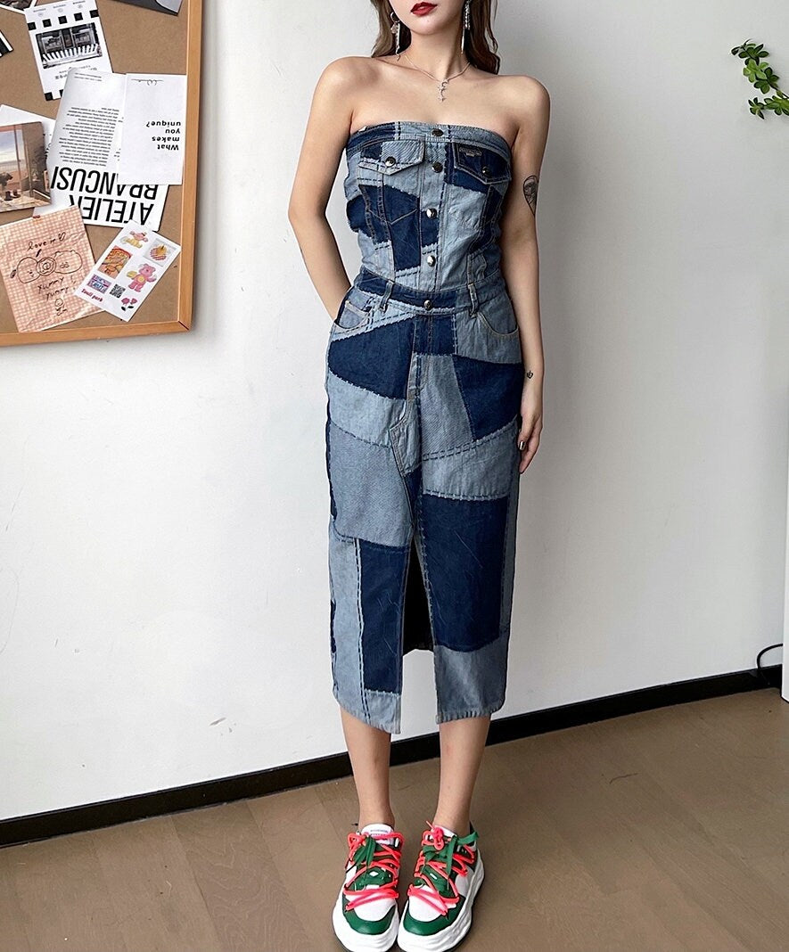 Patchwork Denim Long Dress, Designer Woman Street Casual One Piece Blue Jeans Collage Art Event Party Gift for her