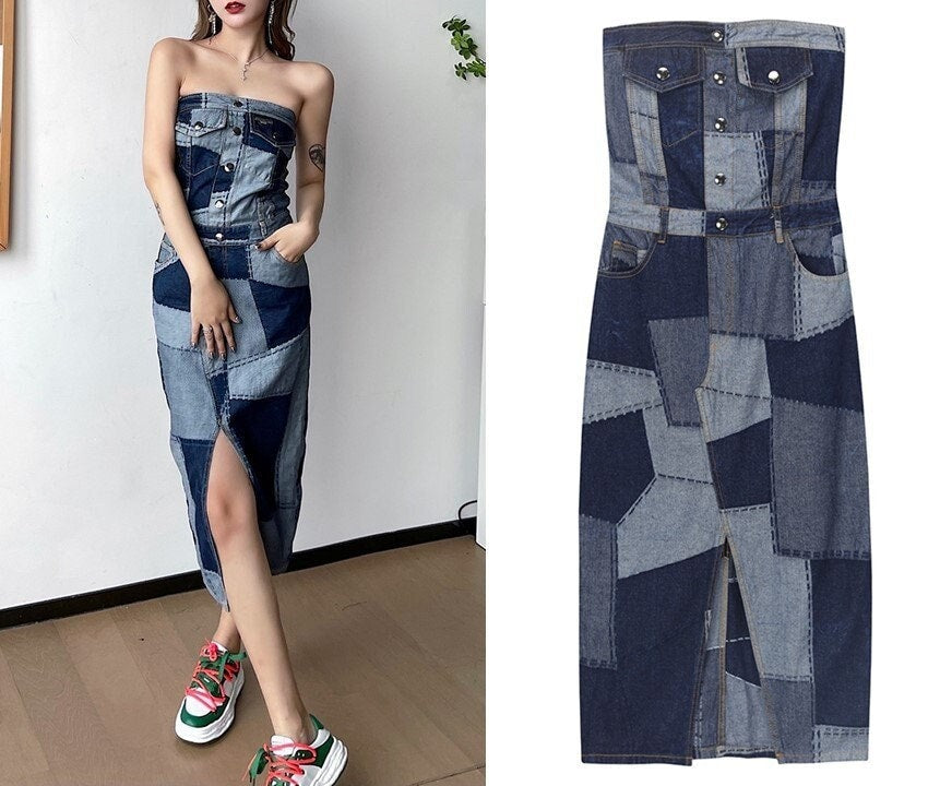 Patchwork Denim Long Dress, Designer Woman Street Casual One Piece Blue Jeans Collage Art Event Party Gift for her