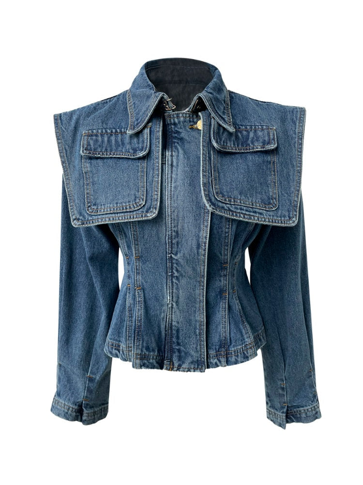 Denim Jacket with Large Cape, Designer Woman Blue Jeans Peacoat Street Style Casual Event Party Clothes Gift for her