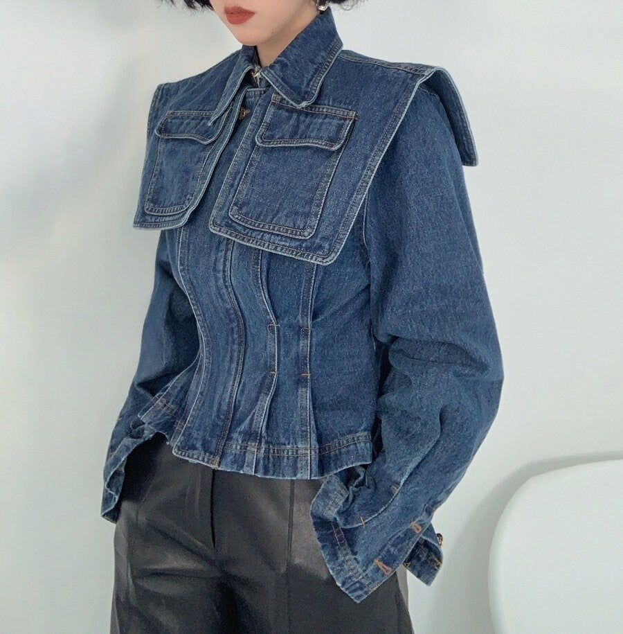 Denim Jacket with Large Cape, Designer Woman Blue Jeans Peacoat Street Style Casual Event Party Clothes Gift for her