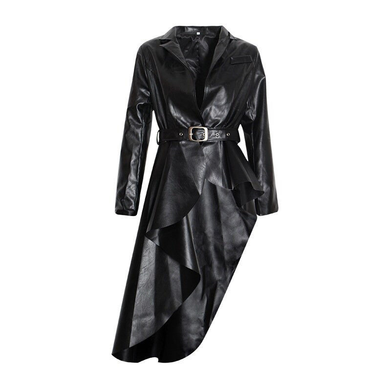 Asymmetric PU Leather Coat, Designer Woman Cool Long Coat Stylish Smart Casual Formal Event Party Gift for her