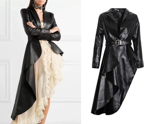 Asymmetric PU Leather Coat, Designer Woman Cool Long Coat Stylish Smart Casual Formal Event Party Gift for her