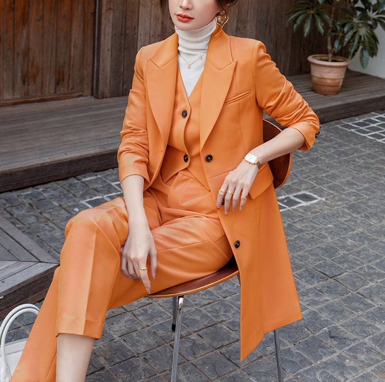 Woman Orange Pantsuit (Suit Jacket+Vest+Pants), Designer Classic Long Blazer Minimalist Korean Style Fashion Formal Smart Casual Event Party