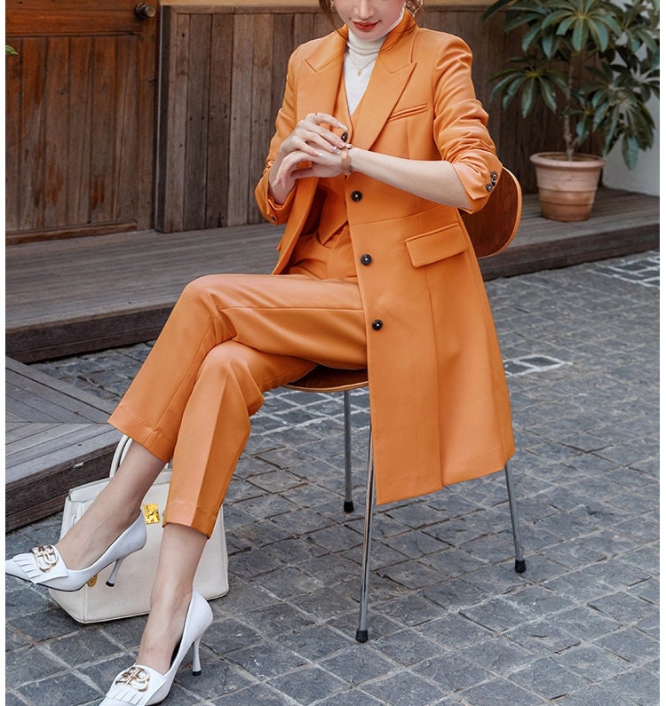 Woman Orange Pantsuit (Suit Jacket+Vest+Pants), Designer Classic Long Blazer Minimalist Korean Style Fashion Formal Smart Casual Event Party