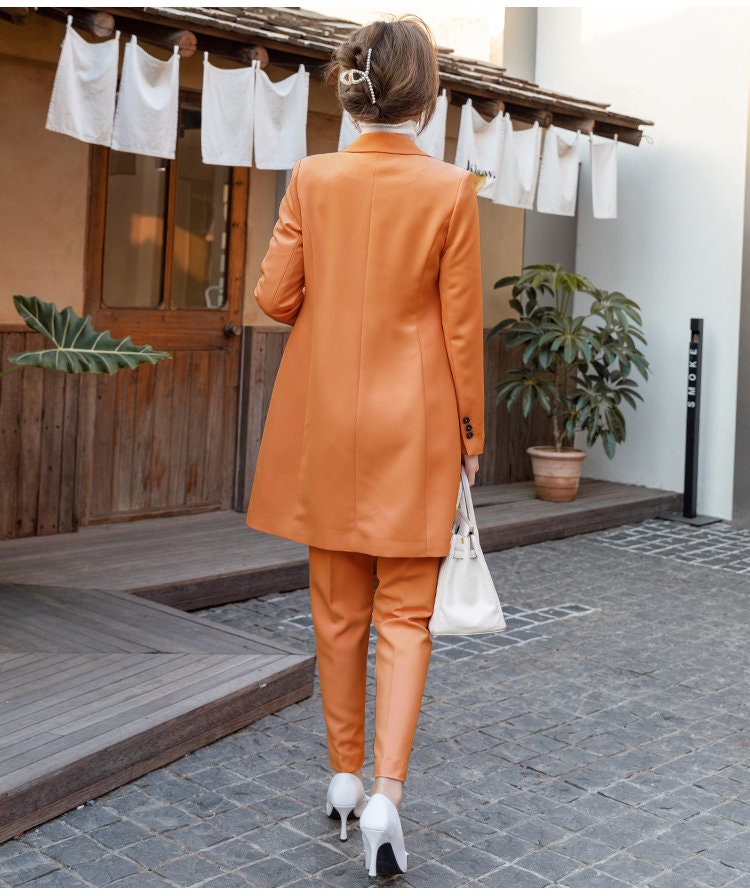 Woman Orange Pantsuit (Suit Jacket+Vest+Pants), Designer Classic Long Blazer Minimalist Korean Style Fashion Formal Smart Casual Event Party