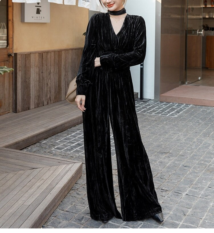 Velvet Black Jumpsuit, Designer Woman Minimalist Korean Style V Neck Playsuit Rompers Smart Casual Formal Event Party Gift for her